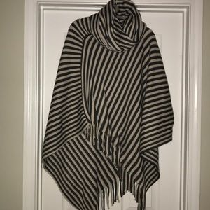 Grey and cream striped fringe poncho